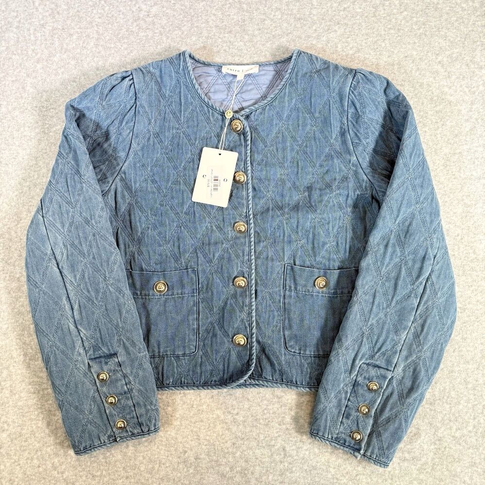 Entro Collarless Diamond Quilted Denim Jacket Blazer S Light Wash Gold Buttons